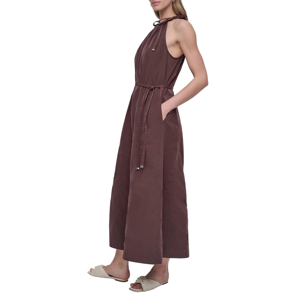 DKNY Women's Size 12 Chocolate Brown Halter Midi Dress Seamed Tie Straps Tie Wai - Picture 5 of 11